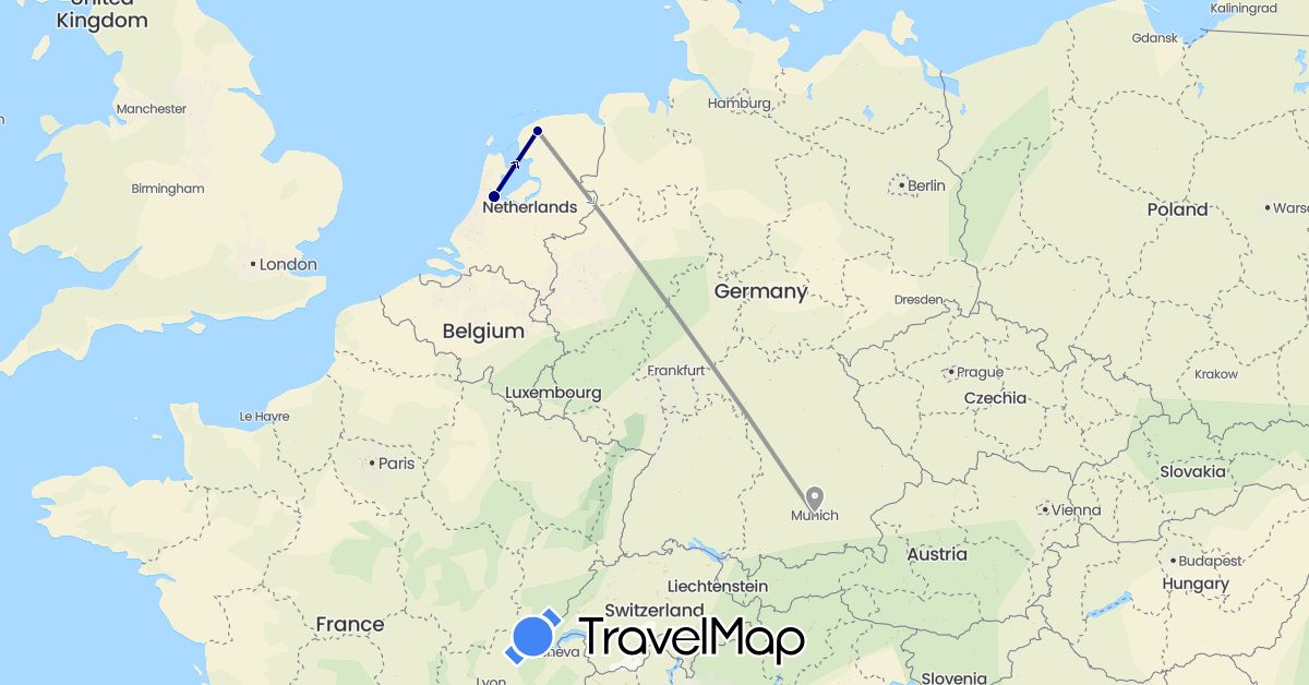TravelMap itinerary: driving, plane in Germany, Netherlands (Europe)